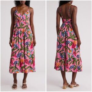 By The River Tropical Print Pink Floral Toucan Parrot Midi Dress Size Medium